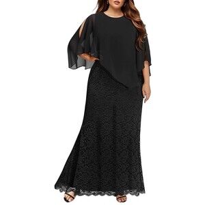 Plus Sz Elegant Chiffon Cape Chiffon Overlay Formal Dress Evening Lace Black 28W